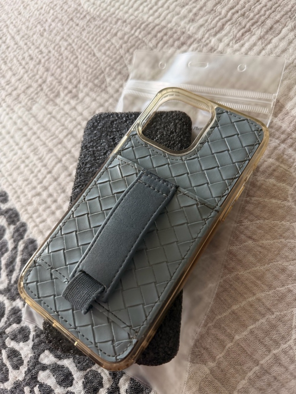 Walli case - blue leather woven iPhone 14 Pro Max Case with Strap/stand